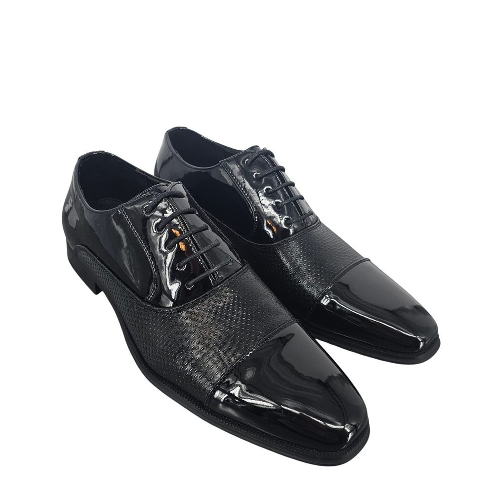 Robert David Mens Black Patent and Textured Cap Toe Oxford Dress Shoes 11 New - Picture 2 of 9